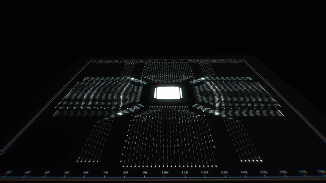 Perspective view of central silicon processor channeling luminous white data packets across expansive circuit traces in a 3D render