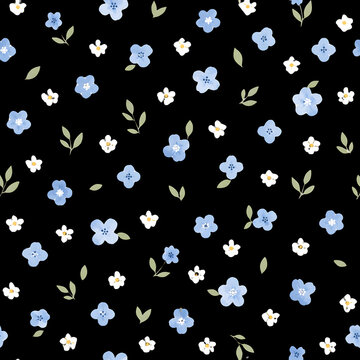 Small blue flowers scattered across a black background in a dark floral pattern