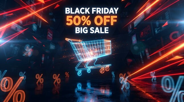 Black friday big sale banner with 50 percent off, glowing wireframe shopping cart, floating percentage symbols, dark background with red light streaks