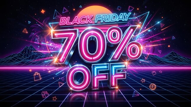 Black friday sale banner with 70 percent off, retro synthwave style, neon glowing text, grid landscape, sunset, and palm trees background