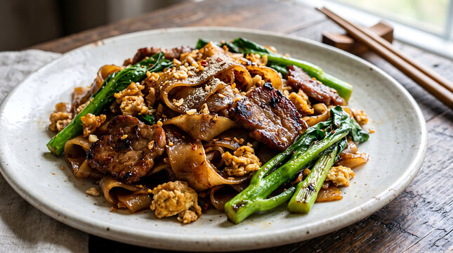 Hyper Realistic 9K Close Up Pad See Ew Stir Fried Flat Rice Noodles with Pork and Chinese Broccoli Food Photography