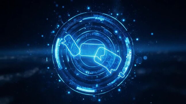 Abstract blue glowing spheres with data cubes rotating in a futuristic digital network for technology concepts