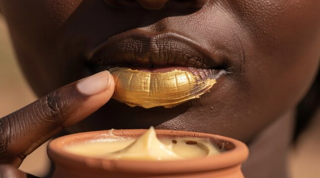 Lip balm with a golden sheen is applied to dark lips with a finger directly from a small clay pot.