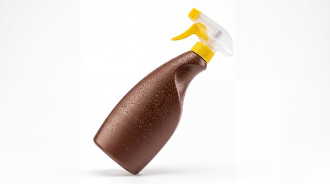 Brown plastic spray bottle with water droplets and yellow trigger nozzle captured on white background