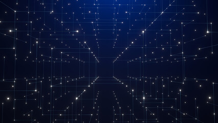 Obraz premium Abstract digital network tunnel blue light connection technology data grid forms futuristic virtual corridor with glowing node and line