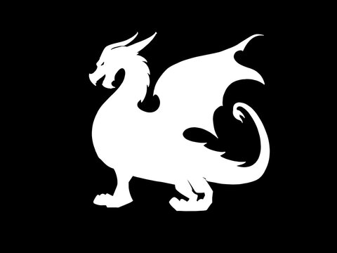 White silhouette of a fantasy dragon with wings and tail on a dark background.