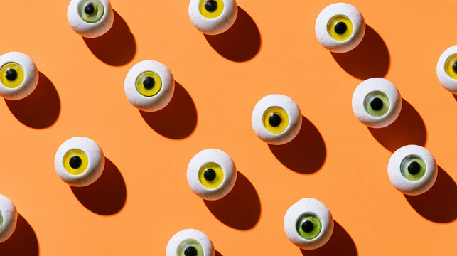 multiple edible eyeball decorations arranged randomly on a clean bright orange surface, white candy spheres featuring veined sclera, yellow and green irises and black pupils with l