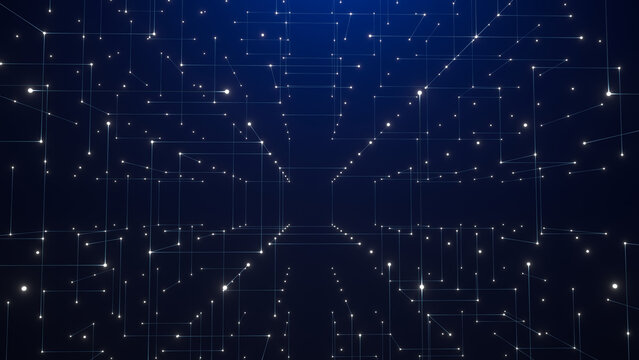 Abstract digital network tunnel blue light connection technology data grid forms futuristic virtual corridor with glowing node and line