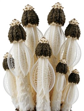 Group of unusual white veiled stinkhorn mushrooms stand against plain background. These fungal specimens feature dark textured caps and delicate lacey skirts.