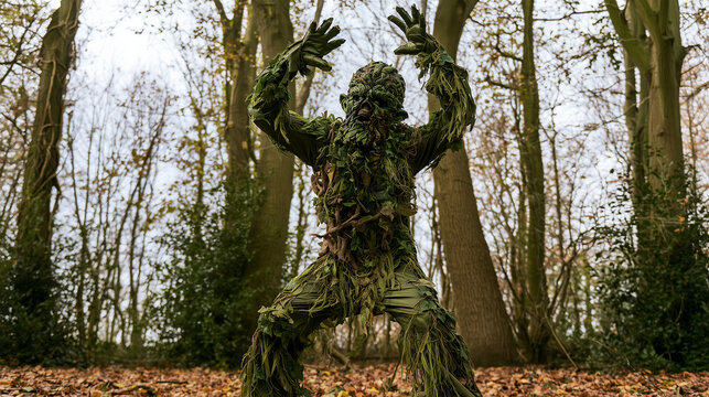 a terrifying green creature standing among fallen autumn leaves, wearing an elaborate decaying monster mask and vine-covered costume with arms lifte