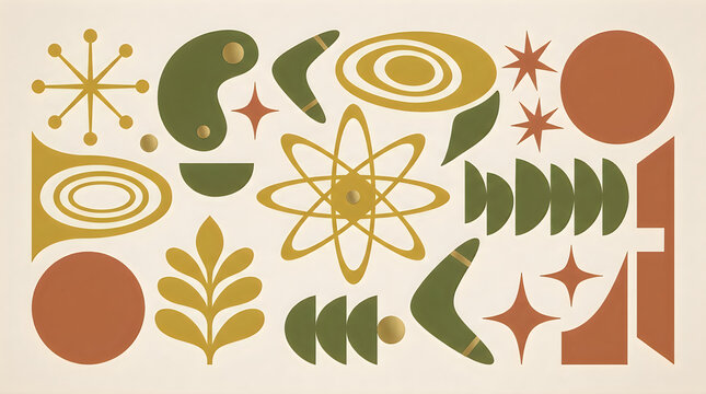 Set of mid century modern abstract shapes and geometric retro design elements in green and brown colors