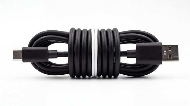 Black usb type c charging cable coiled tightly for connectivity and data transfer on white background