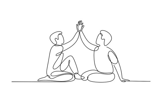 Two people sitting and giving a high five in a continuous single line drawing style representing friendship success teamwork and support in life