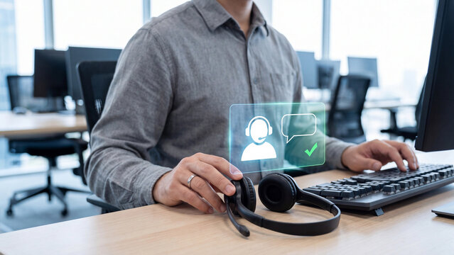 Customer service and technical support concept, call center agent with headset and computer using virtual chat screen for online help desk, live consultation and contact center communication