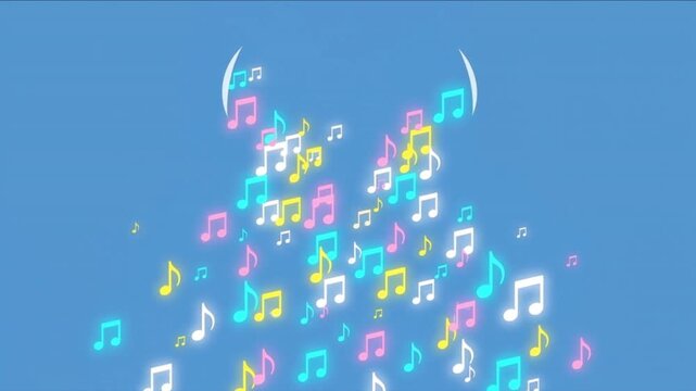 スカイブルーの空間で球体からカラフルな音符アイコンが降り注ぐ3D背景