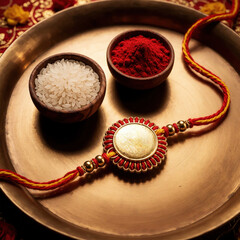 Naklejka premium Rakhi bracelet with gold ornament lies on brass plate next to small wooden bowls. One bowl holds white rice, contains red kumkum powder. Traditional Hindu festival Raksha Bandhan setup for brother
