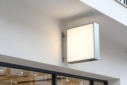 Branding and corporate identity, blank square signage on a modern building wall for store logo mockup and retail advertising display
