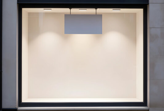 Retail marketing and branding, empty storefront window display with blank sign for advertising mockup in a modern urban shopping street environment