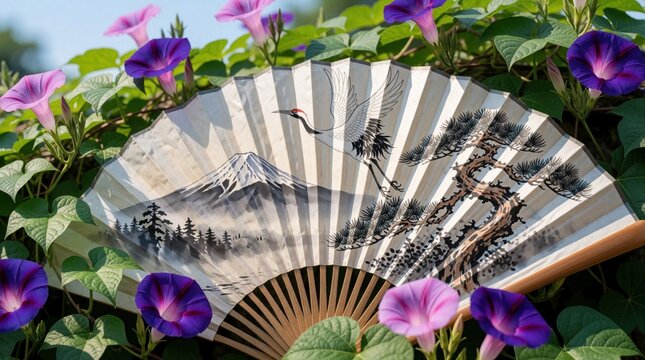 Traditional Japanese fan painted with crane and Mount Fuji rests amidst blooming morning glory flowers. Delicate artwork displayed in bright morning sunlight. Peaceful zen garden scene.