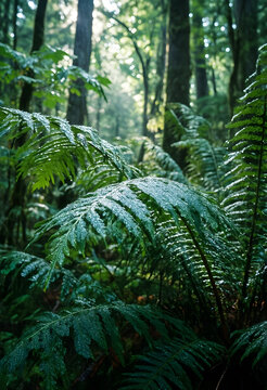 Sustainability and environmental conservation, lush green ferns with morning dew in a temperate rainforest with soft sunlight filtering through the trees