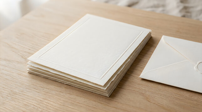 Stack of blank white wedding invitation cards with matching envelope on a rustic wooden table surface
