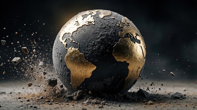 Textured globe with gold continents is breaking apart on rough ground. Small rocks and dust fly around the planet symbolizing crisis and destruction.