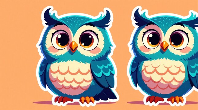 Cute stylized cartoon owl character with bright blue feathers, large expressive eyes. Two colorful bird illustrations with white sticker border on orange background. Playful animal mascot design for