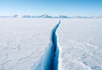 Vast polar ice landscape with a striking crack across smooth snow, cool blue tones, crisp textures, bright daylight, and a distant frozen horizon. © shahjalal