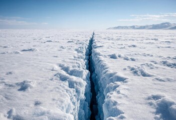 Vast polar ice landscape with a striking crack across smooth snow, cool blue tones, crisp textures, bright daylight, and a distant frozen horizon. © shahjalal