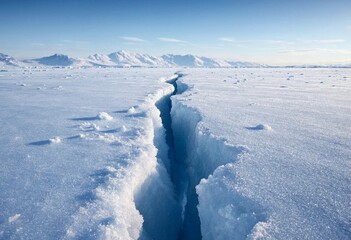 Vast polar ice landscape with a striking crack across smooth snow, cool blue tones, crisp textures, bright daylight, and a distant frozen horizon. © shahjalal