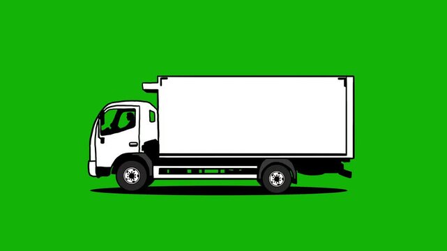 cartoon style animation of box delivery truck side view isolated in green screen background