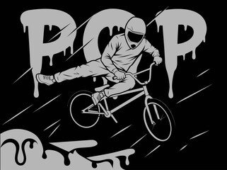 Fototapeta premium Stylized BMX Rider Performing Mid-Air Stunt with Graffiti Pop Text Illustration