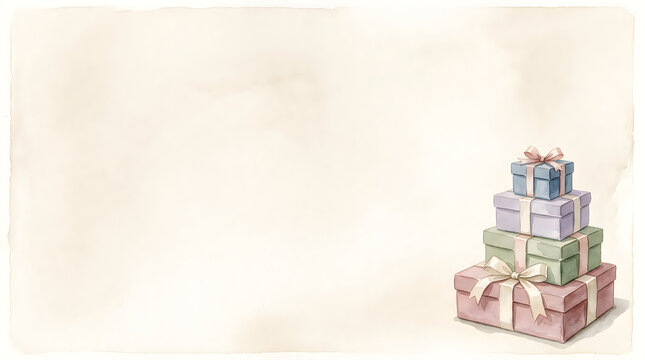 Stack of colorful gift boxes with ribbons on a soft textured paper background for holidays and celebrations