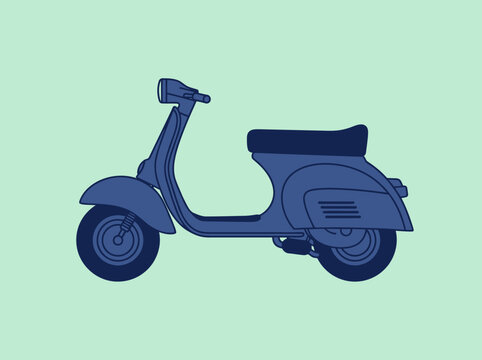 Minimalist Blue Vintage Scooter Illustration on Mint Green Background