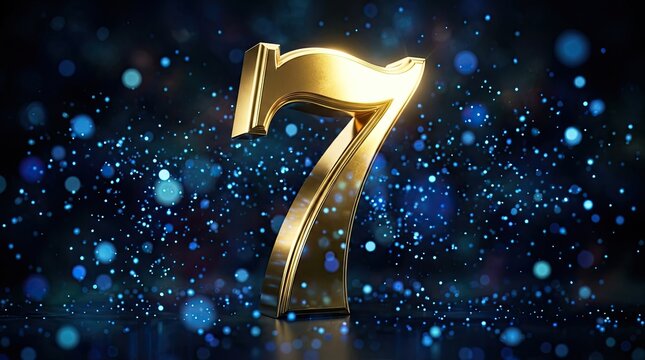 Golden number seven shining brightly against a dark blue digital background with bokeh lights