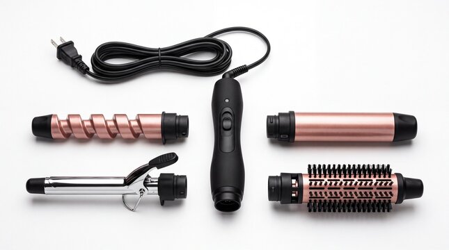 Versatile hair styling tool set with interchangeable metallic rose gold heads showcased on white background