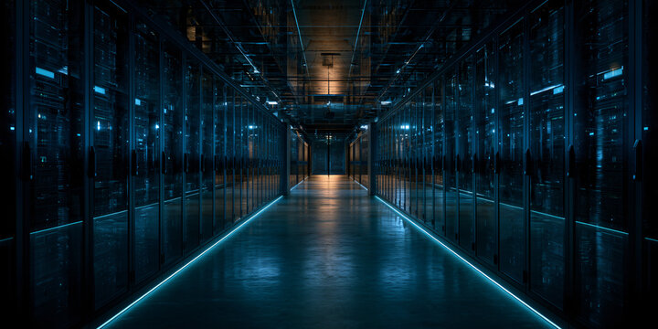 Modern GPU computing cluster inside a futuristic data center interior corridor