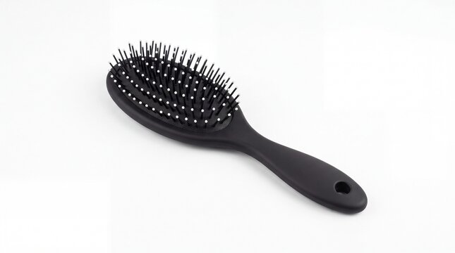Black hair styling brush featuring a matte plastic handle and soft bristles on white background
