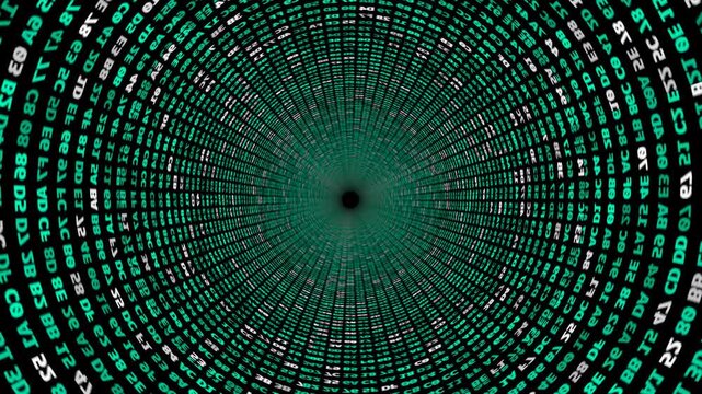 High-speed flight through a dark cylindrical tunnel lined with streams of scrolling hexadecimal data code. Concept of deep web exploration, computer programming, cybersecurity encryption, and the inne