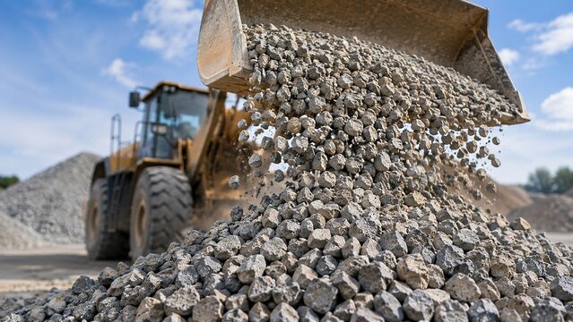 Large construction equipment unloading gravel at a building site illustrating the material handling process and site preparation for construction projects under a bright clear blue sky