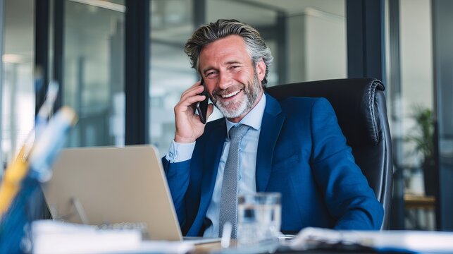 Mature business executive wearing blue suit sitting at office desk laughing while talking on mobile phone during productive workday shift