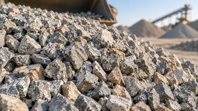 Detailed view of crushed stone aggregates at a construction site featuring heavy machinery in the background ideal for showcasing industrial processes and material management in building projects
