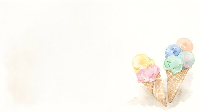 Two delicious ice cream cones with colorful scoops painted in a soft watercolor style on a plain background