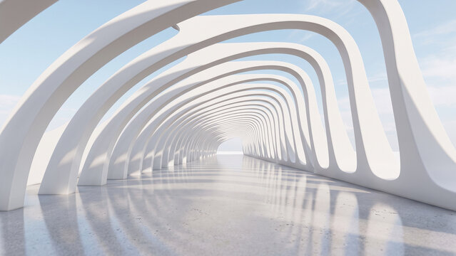 Architectural designer inspecting futuristic tunnel structure with natural light