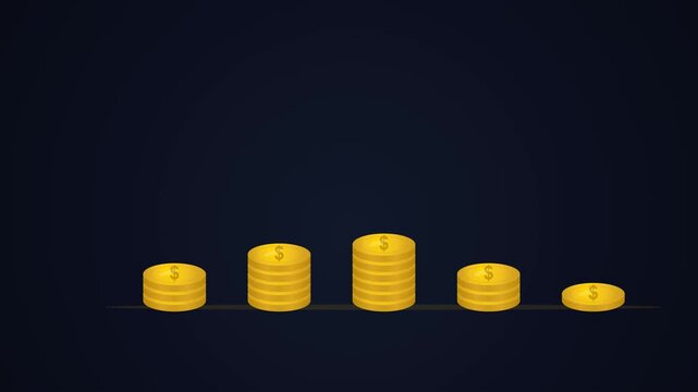Animated stack of gold coins growing taller with sparkle effects symbolizing financial growth, savings accumulation, and investment returns. Concept of wealth building, banking profits, income growth,