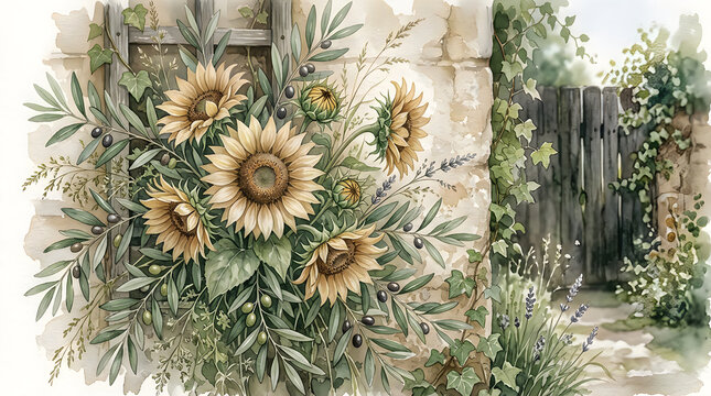 Beautiful watercolor illustration of sunflowers and olive branches arranged on a rustic wooden garden gate