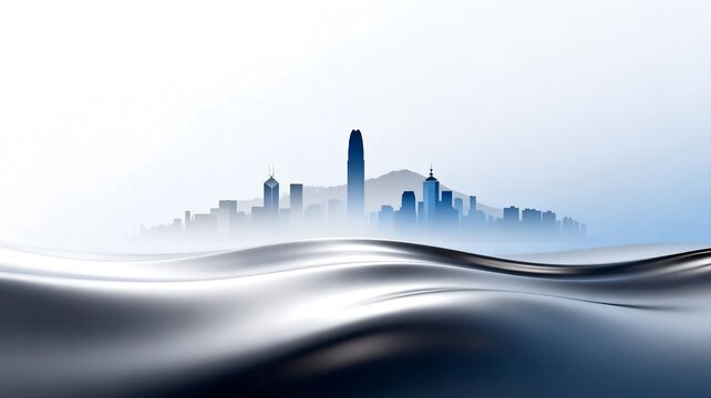 Modern Urban Skyline Above Flowing Abstract Liquid Surface