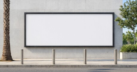Fototapeta premium Blank billboard mockup on a modern concrete urban street wall with metal frame, palm tree, greenery, bollards, sidewalk, and soft natural daylight.