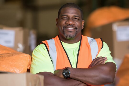 Smiling mature african american warehouse worker wearing a high visibility safety vest in a depot