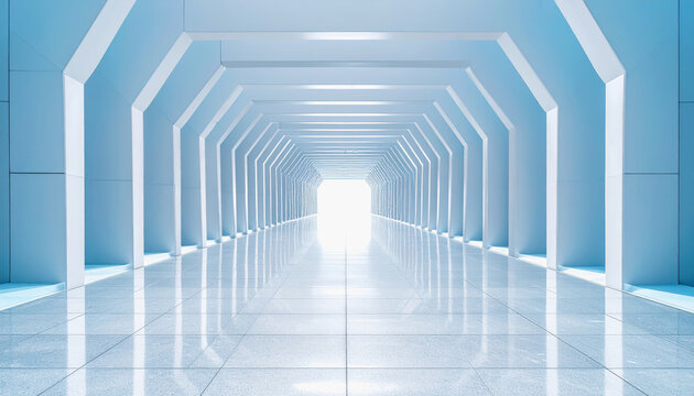 Modern futuristic architectural tunnel corridor with light at the end perspective